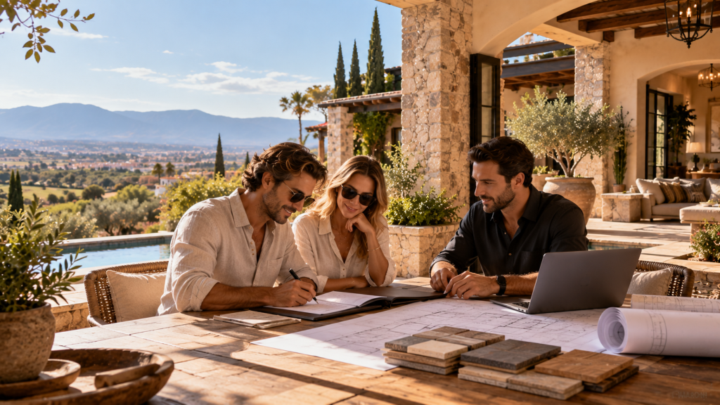 Foreign homeowners reviewing plans and signing documents with a professional home builder before building a house in Mexico.