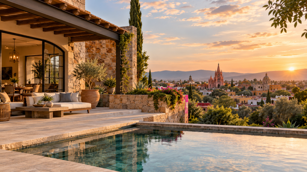 Custom home with a pool overlooking San Miguel de Allende, representing home building costs and luxury residential construction in Mexico.
