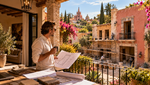 Homeowner reviewing renovation plans while remodeling a traditional home in San Miguel de Allende, Mexico.