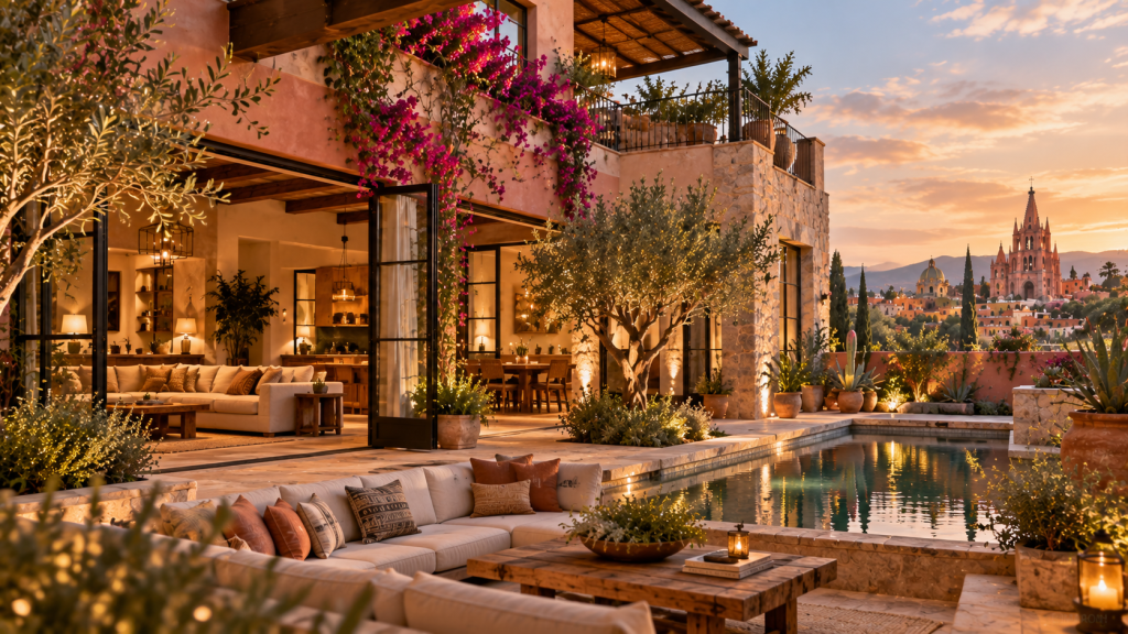 Modern Mexican architecture featuring stone, warm stucco, a courtyard pool, rooftop terrace, and indoor-outdoor living in San Miguel de Allende.